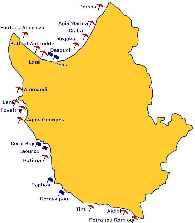Map of Paphos Blue flag beaches